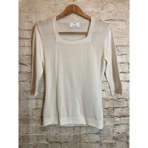 ALLUDE Top Women Medium Cream Square Neck Soft Knit Coquette Feminine Semi Sheer